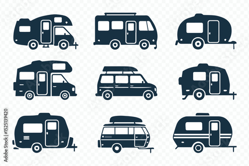RV Camper Van Motorhome Icons Collection Vector