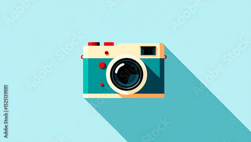 Teal and beige retro camera flat design illustration