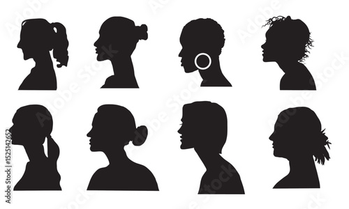 Women profile silhouettes, diverse women faces looking sideways, vector silhouette capturing the stylish side profile of a woman with elegant hair and unique facial features, isolated