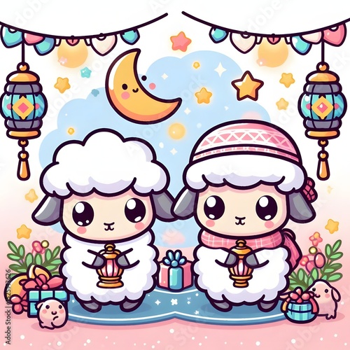 Wallpaper Mural Adorable Sheep Celebrating Eid al-Adha Festive Illustration Torontodigital.ca