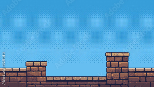 Pixel art game level with ancient stone wall and blue sky. Retro 8-bit video game platformer background. Video game design asset. vector graphics.