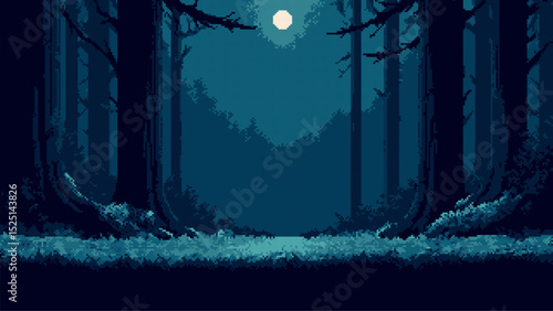 Enigmatic dark forest at night with a full moon. Pixel art game level design, vintage retro video game background scene. Vector graphics.