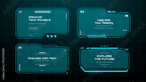 Futuristic technology design. Four blue HUD frames for digital interface display. Virtual reality concept for business presentation or game development. Vector graphics. 