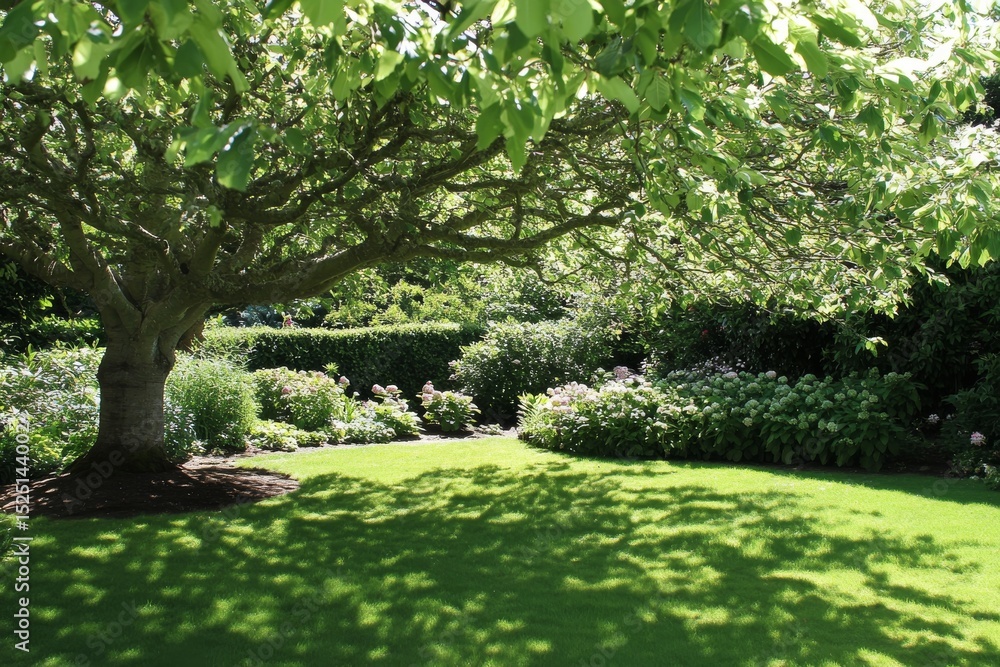 Naklejka premium Serene Garden Scene Under a Lush, Spreading Tree