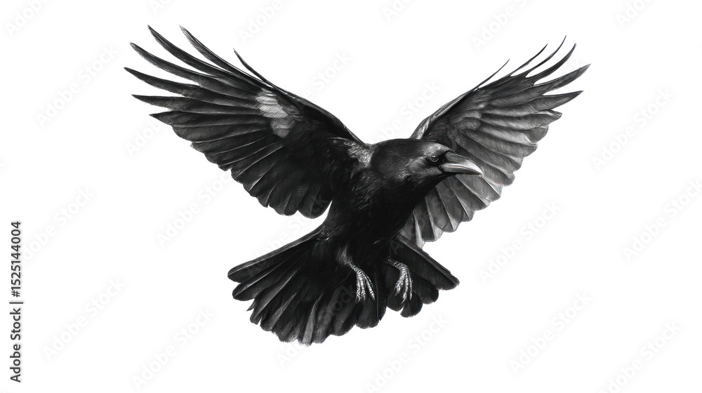 Obraz premium Raven in Flight: A majestic raven with outstretched wings soars through the air, its dark feathers contrasting against a clear sky.