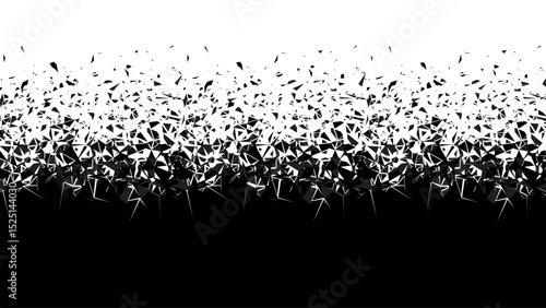 Abstract explosion particle wave pattern with scattered shattered shapes. Burst effect concept for digital design element. Vector graphics.