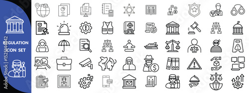 Regulation line editable icon set. Containing rules, authority, conduct, law, guideline, penalty, government, ethics, compliance, procedure, and more. Vector illustration design set 