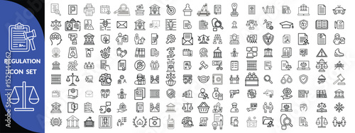 Regulation line editable icon set. Containing rules, authority, conduct, law, guideline, penalty, government, ethics, compliance, procedure, and more. Vector illustration design set 