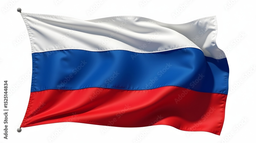 Photorealistic flag of Russia. Three horizontal stripes: white, blue, and red. Realistic fabric texture with soft folds. Isolated on white background. Photorealistic flag of Russia. Three horizontal stripes: white, blue, and red. Realistic fabric texture with soft folds. Isolated on white background.