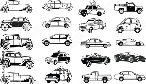 Collection of Classic and Modern Car Illustrations Vintage to Sports Cars
