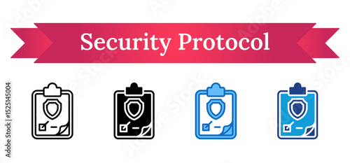 Security Protocol Multi Style - Shield clipboard with checkmark and data fields, representing data protection and safety policies