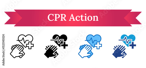 CPR Action Multi Style - Hands performing CPR on a heart with heartbeat and medical cross symbol, representing emergency life-saving procedure