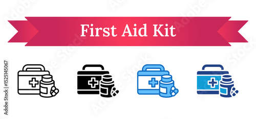 First Aid Kit Multi Style - Emergency first aid box with medicine bottles and pills, symbolizing readiness for workplace injuries or illness