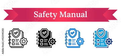 Safety Manual Multi Style - Notebook with checklist, shield, and gear, representing documented safety procedures and protected protocols
