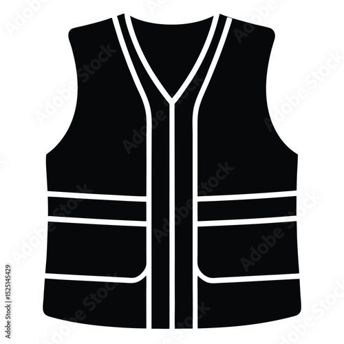 Black Safety Vest Icon with White Stripes and Pockets