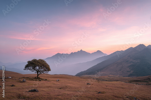 breathtaking view of mountain ridge in bhutan during soft twilight captured from topdown perspective