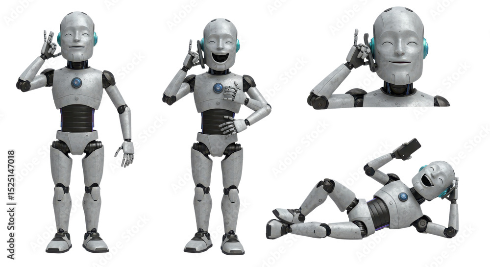 Happy humanoid robot holding fingers to head with relaxed gestures isolated PNG with Transparent Background Happy humanoid robot holding fingers to head with relaxed gestures isolated PNG with Transparent Background