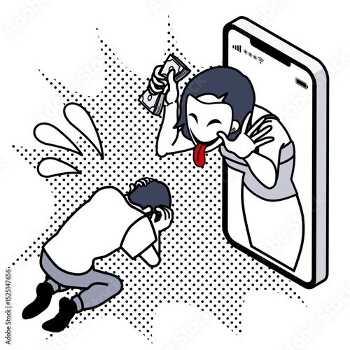 Romance Scam – Man Realizing He Was Deceived, While a Scammer in the Smartphone Smiles Holding the Stolen Money