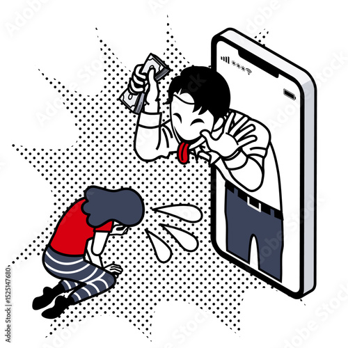 Romance Scam – Woman Realizing She Was Deceived, While a Scammer in the Smartphone Smiles Holding the Stolen Money