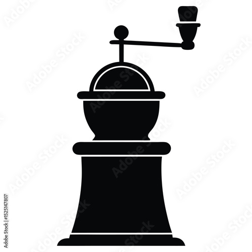 Solid Black Silhouette of Vintage HandCrank Coffee Mill Grinder on White Backdrop