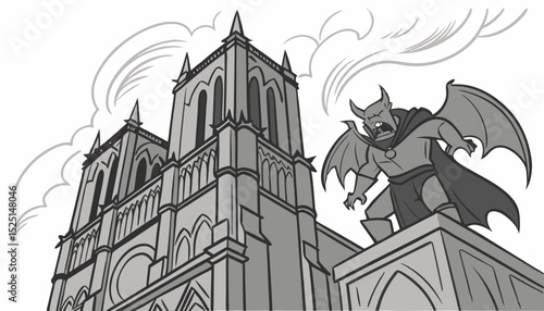A sinister demon looms majestically in the air in the midst of Gothic cathedrals, its chest bursting with mystical flames, fire burning in its clawed palms. 2d illustration                    