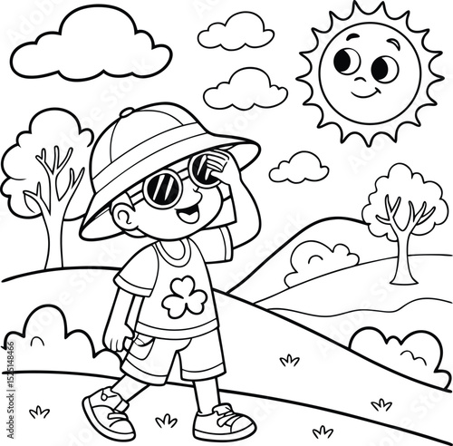 Happy boy in hat and sunglasses looking at the sun in a park coloring page