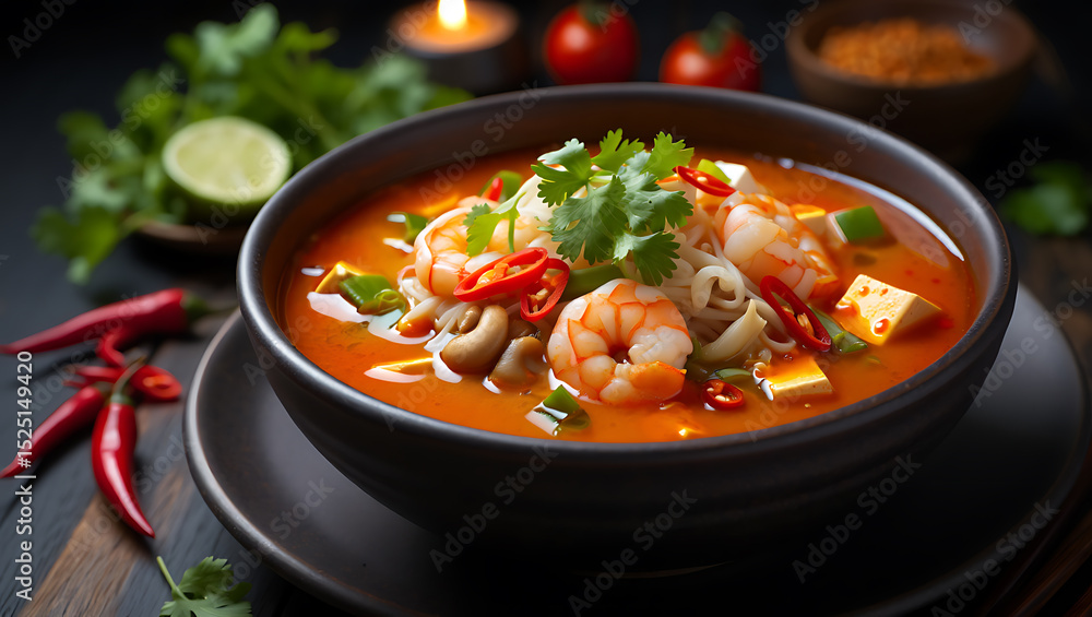 Aromatic tom yum soup with succulent shrimp, tofu, and rice noodles, garnished with vibrant cilantro, rests in a dark bowl Aromatic tom yum soup with succulent shrimp, tofu, and rice noodles, garnished with vibrant cilantro, rests in a dark bowl