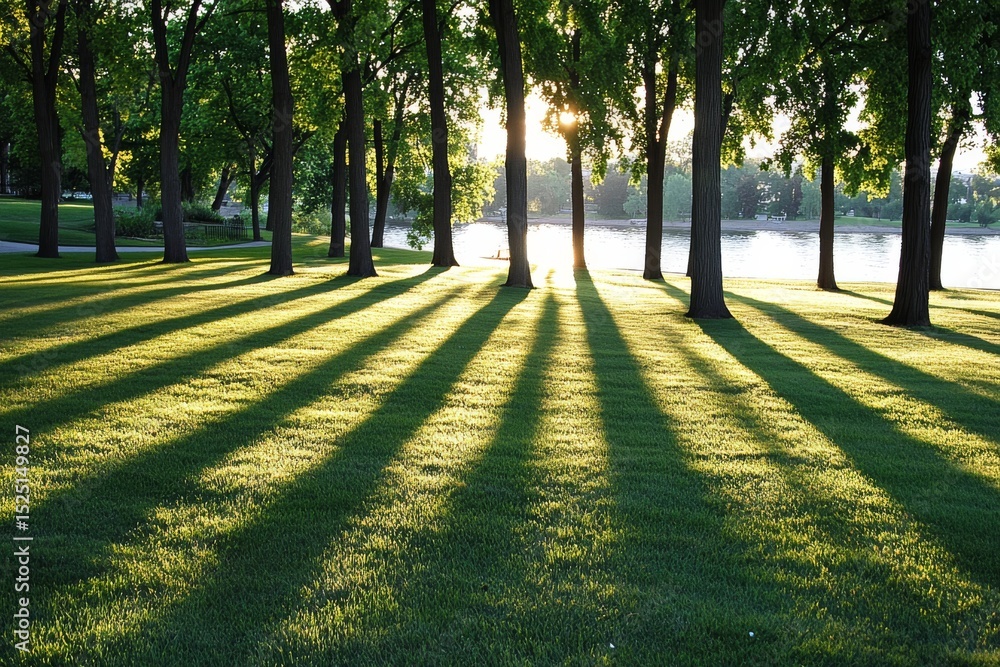 Obraz premium Sunlit Park: Shadows of Majestic Trees on Lush Green Grass