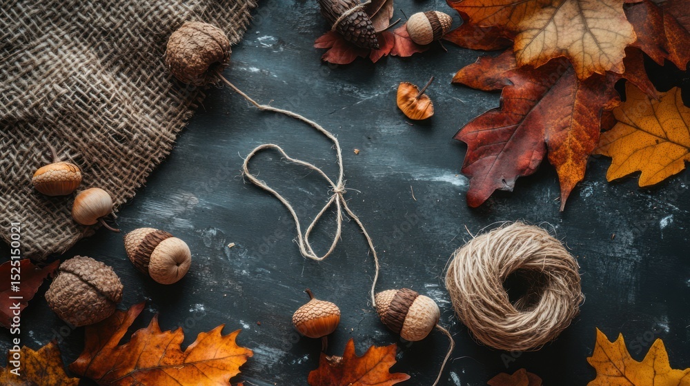 Autumn Crafts: Acorns, Leaves, and Twine on Rustic Background Autumn Crafts: Acorns, Leaves, and Twine on Rustic Background