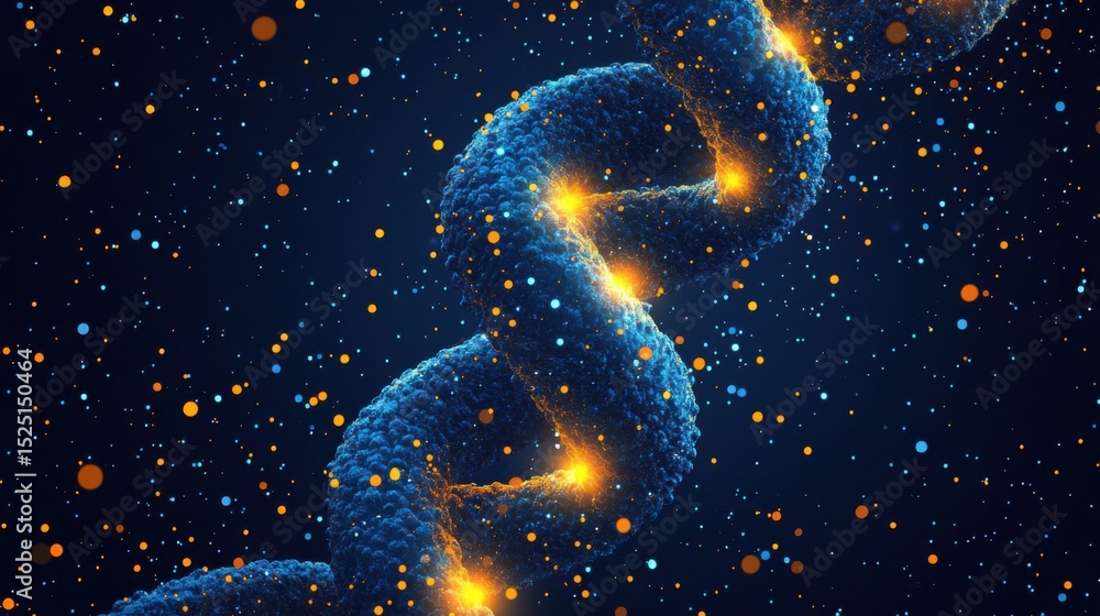 Microscopic view of a DNA double helix showing vibrant characteristics in a dark space with glowing particles Microscopic view of a DNA double helix showing vibrant characteristics in a dark space with glowing particles
