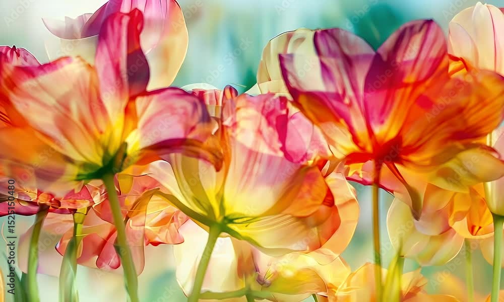 Close View of Orange and Pink Tulips with Green Stems Blurred Background and Overlay for Soft and Dreamy Double Close View of Orange and Pink Tulips with Green Stems Blurred Background and Overlay for Soft and Dreamy Double