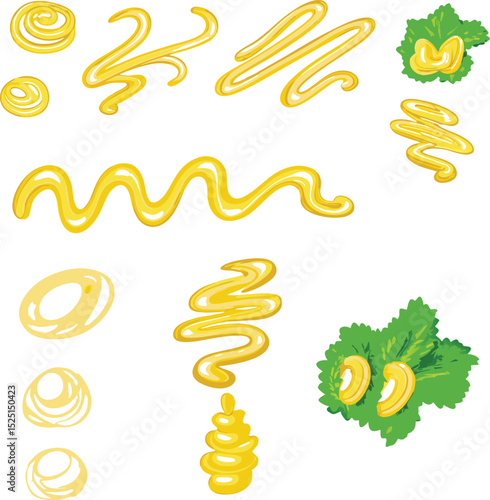 Mustard Sauce Set Yellow Condiment Swirls and Dabs with Green Lettuce Leaves