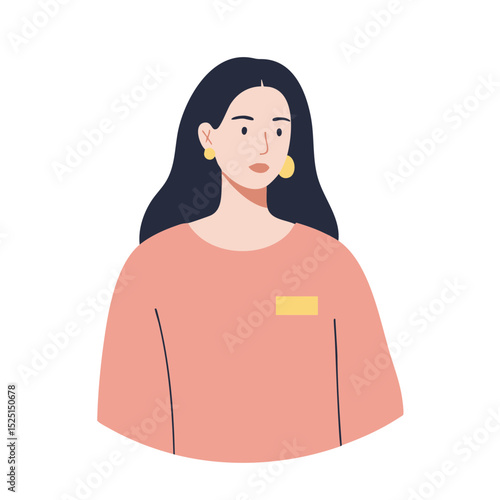 Woman with a professional mood wearing a nametag against a white background