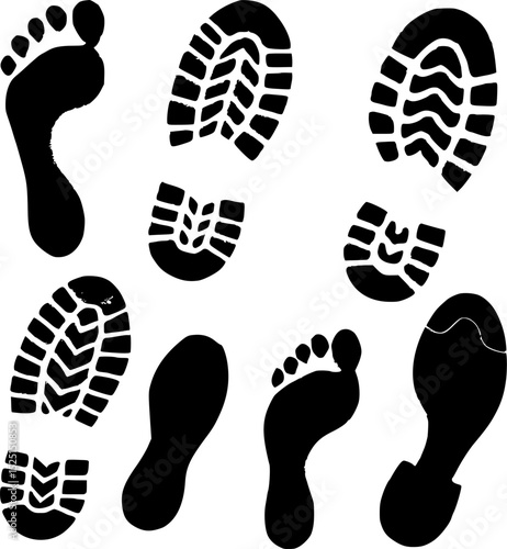 A collection of black silhouette footprints, showcasing both bare feet and footwear, creates a dynamic image evoking a sense of exploration and adventure.