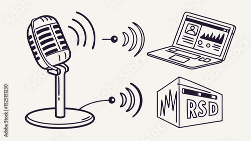 Retro Microphone Broadcasting Digital Audio Workflow and Online Streaming Setup