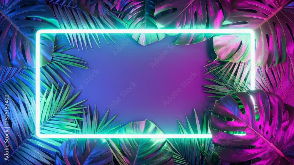 Neon sign illuminating vibrant tropical leaves creating empty space. Neon sign illuminating vibrant tropical leaves creating empty space.