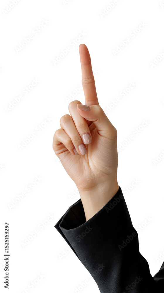 Focused Attention: A hand, adorned with a business suit sleeve, is sharply pointing a single finger upward, capturing attention and conveying a clear directive. Focused Attention: A hand, adorned with a business suit sleeve, is sharply pointing a single finger upward, capturing attention and conveying a clear directive.