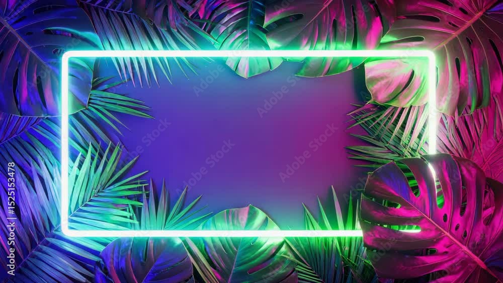 Neon sign illuminating vibrant tropical leaves creating empty space. Neon sign illuminating vibrant tropical leaves creating empty space.