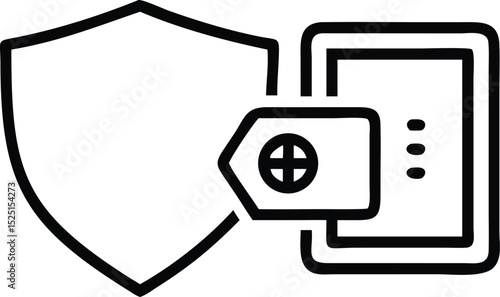 Line art icon of a shield and safe box isolated on white background