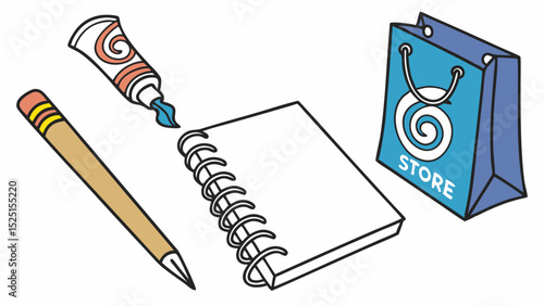 Spiral Notebook, Pencil, Glue, and Shopping Bag Back to School Supplies Illustration