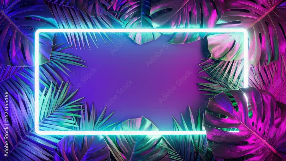 Vibrant neon frame illuminating tropical leaves on a gradient background. Vibrant neon frame illuminating tropical leaves on a gradient background.