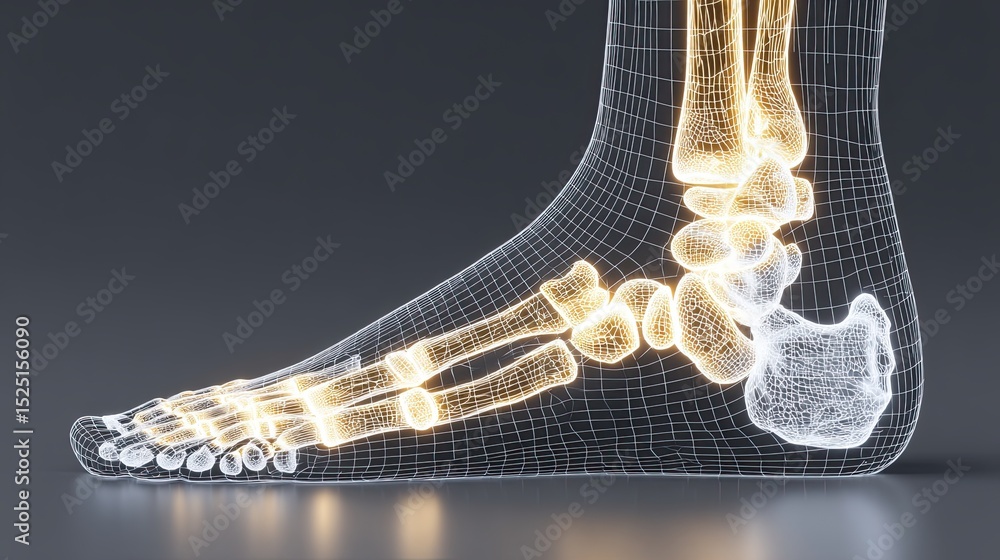 Detailed 3D rendering of a human foot skeleton with highlighted bone structure Detailed 3D rendering of a human foot skeleton with highlighted bone structure