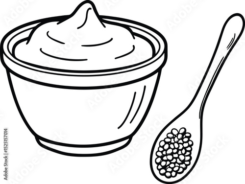Black and white illustration of a bowl of dip with spoon