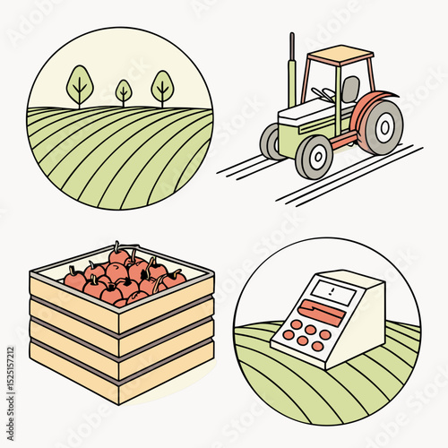 Farming Icons Tractor, Crops, Harvest, Agriculture