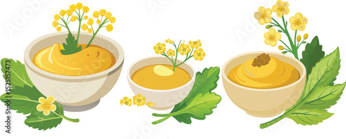 Three Bowls of Mustard with Mustard Flowers and Leaves Illustration