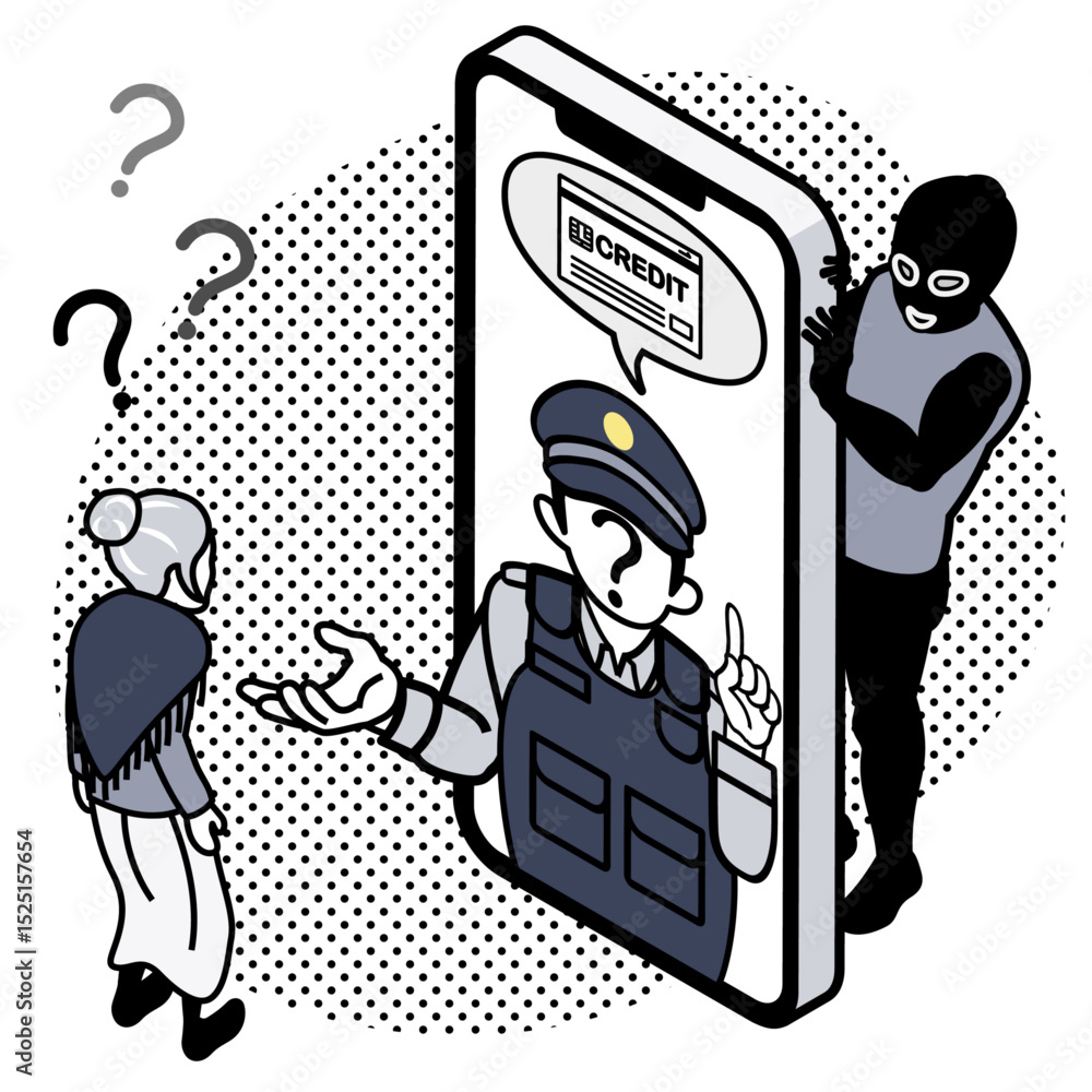 Φωτογραφία 特殊詐欺 - クレジットカードを要求するスマホの中の偽警察官とシニア女性　様子を伺う詐欺師