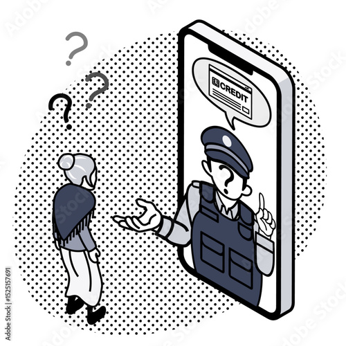特殊詐欺 - クレジットカードを要求するスマホの中の偽警察官とシニア女性