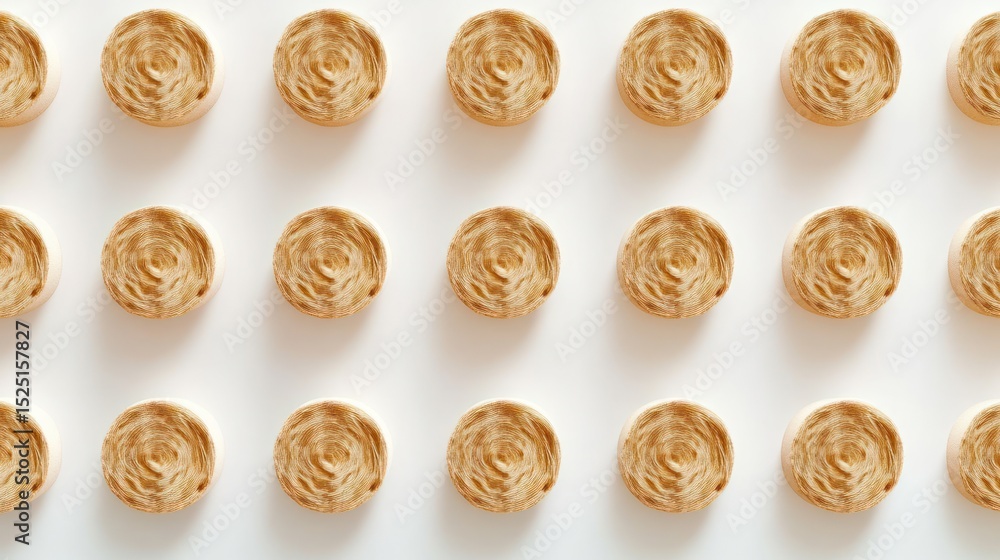 Rows of round, light-tan pastries Rows of round, light-tan pastries