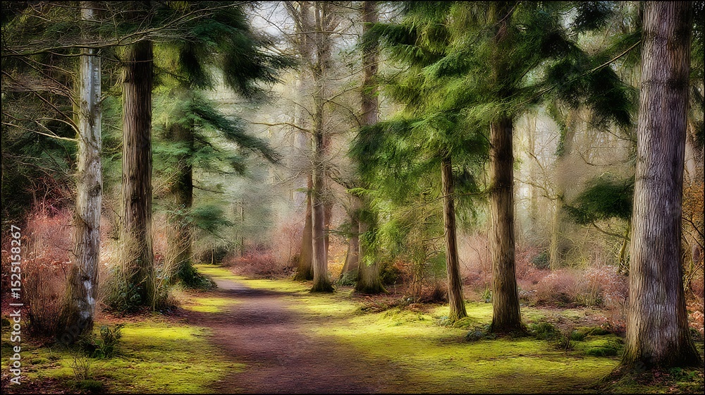 Obraz premium Path through forest with light shining