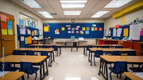 Empty elementary school classroom.  Well-lit, organized space with traditional desks, chairs, and bulletin board